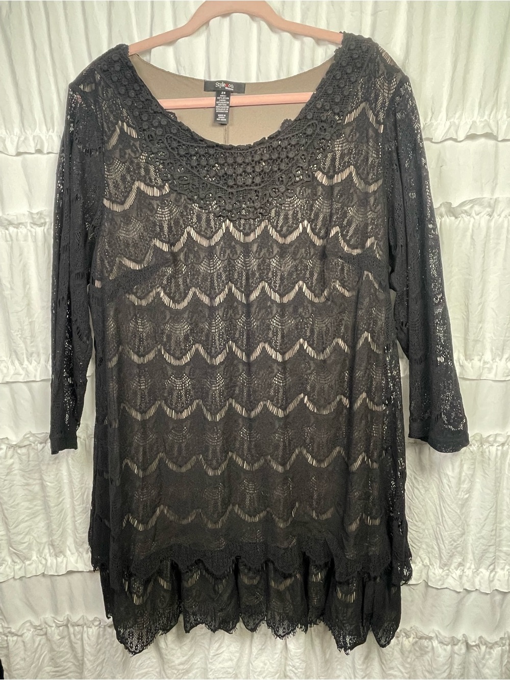 Style & Co Dress Womens 2X Black Lace Scalloped Neck Layered Sheer Lined Plus